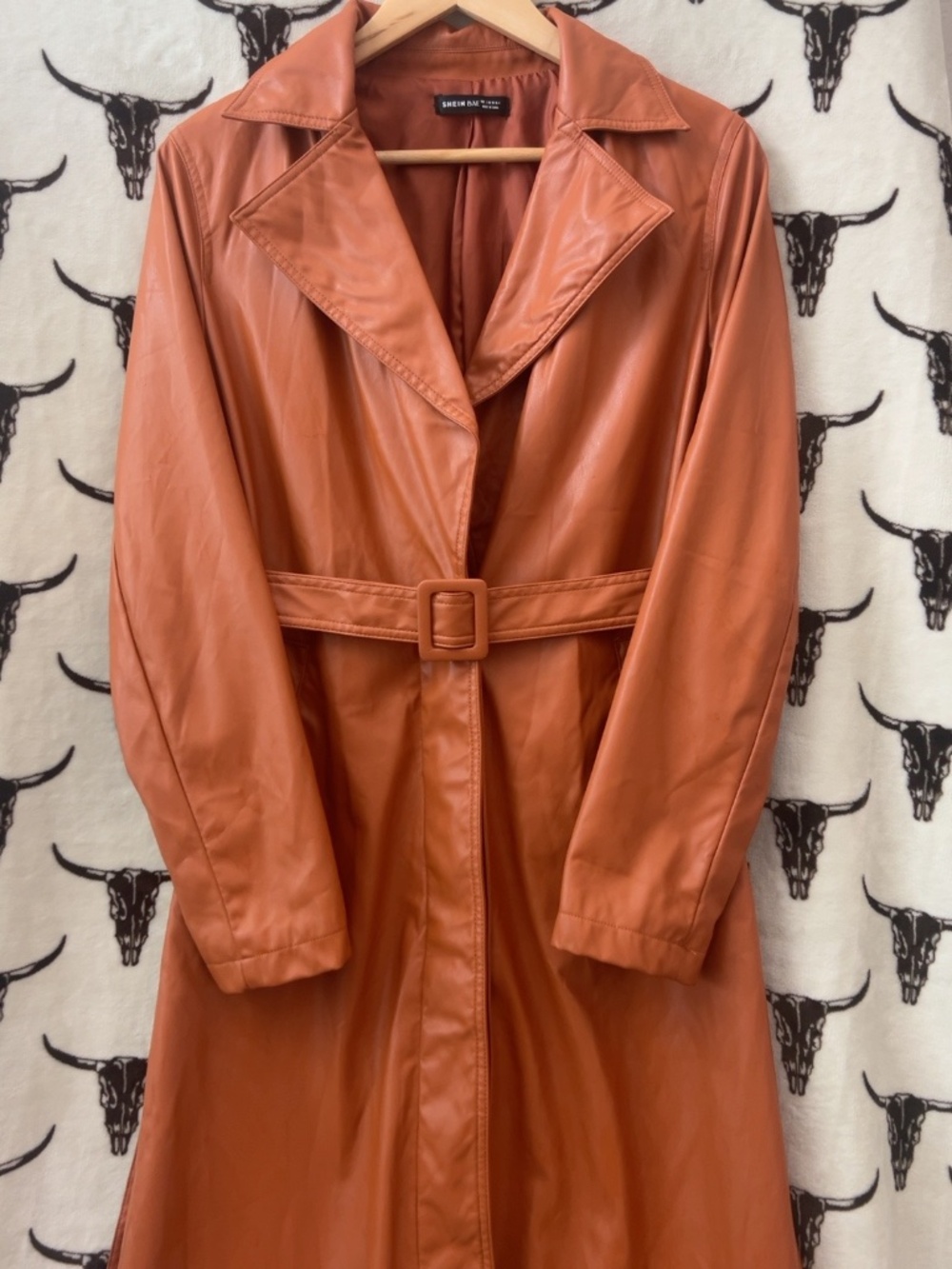 SHEIN BAE Rust Orange Faux Leather Belted Trench Coat Size S